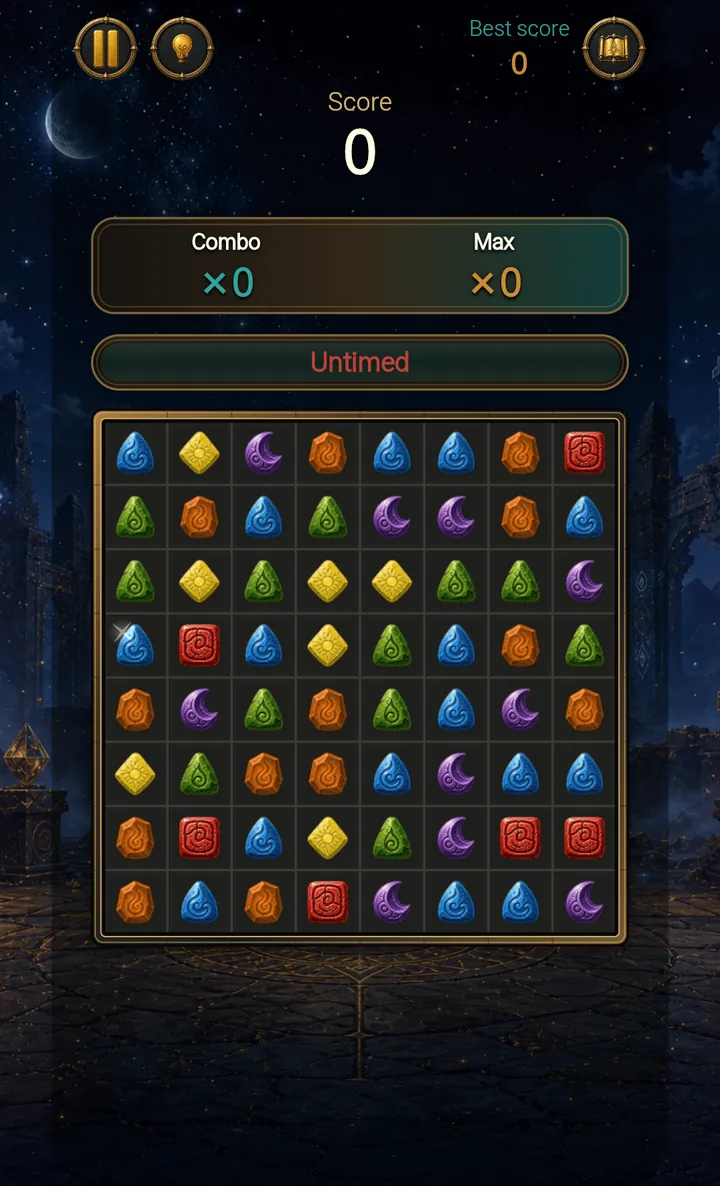 Endless mode: untimed 8×8 board with score and combo counters