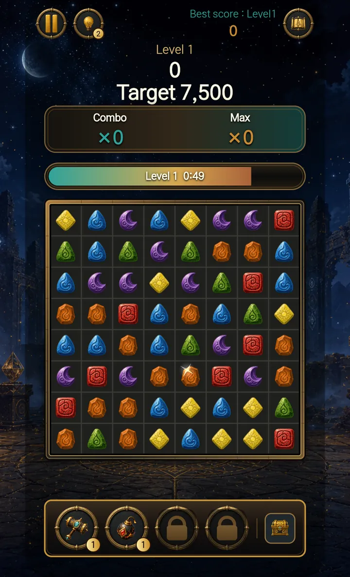 Stone Match level mode on the 8×8 board with item slots