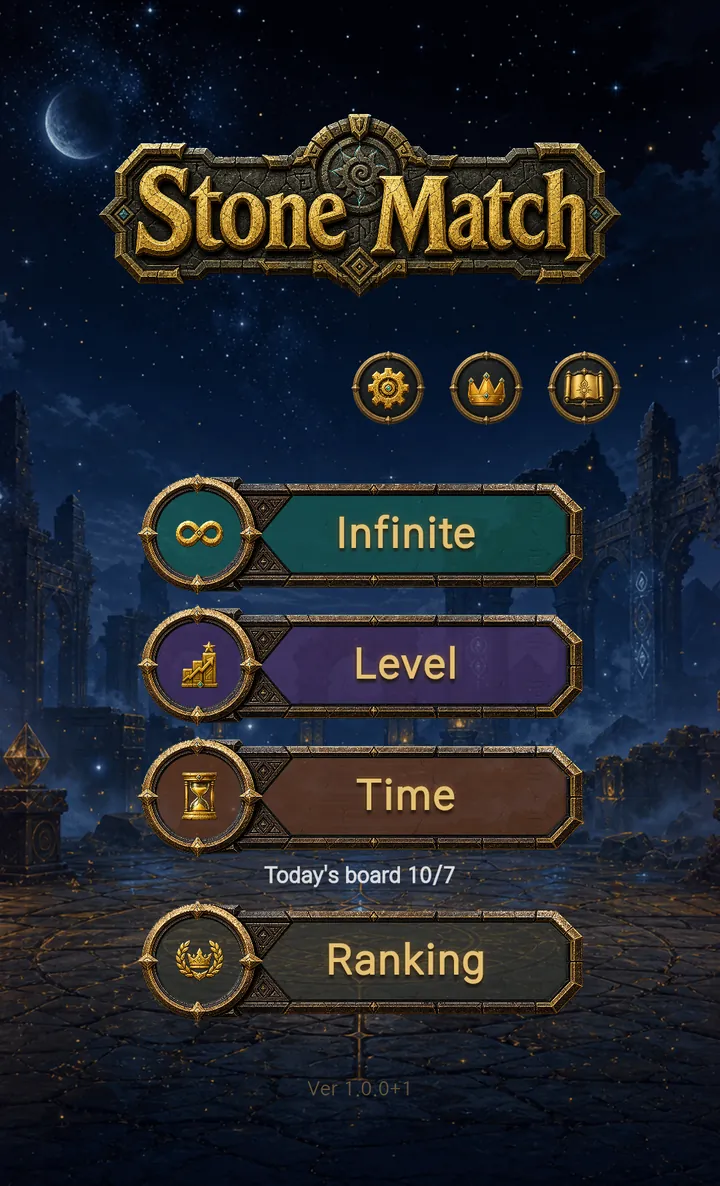 Title screen with Infinite, Level, Time and Ranking buttons and today's board date